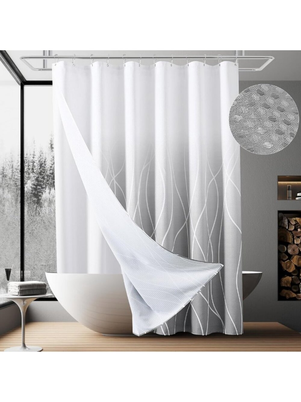 Modern Gray & White Shower Curtain with Detachable Liner - Heavy Duty 72" Long